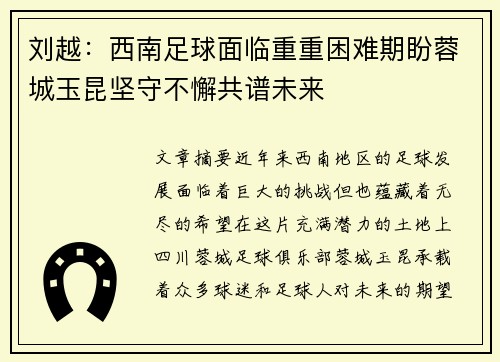 刘越：西南足球面临重重困难期盼蓉城玉昆坚守不懈共谱未来