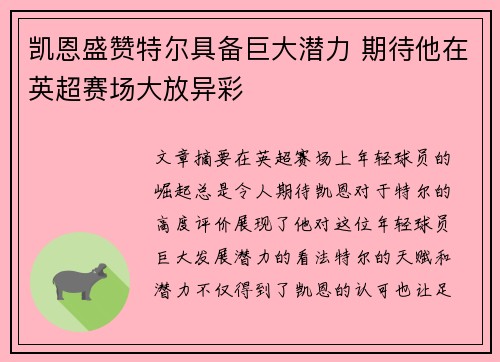 凯恩盛赞特尔具备巨大潜力 期待他在英超赛场大放异彩
