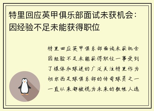 特里回应英甲俱乐部面试未获机会：因经验不足未能获得职位